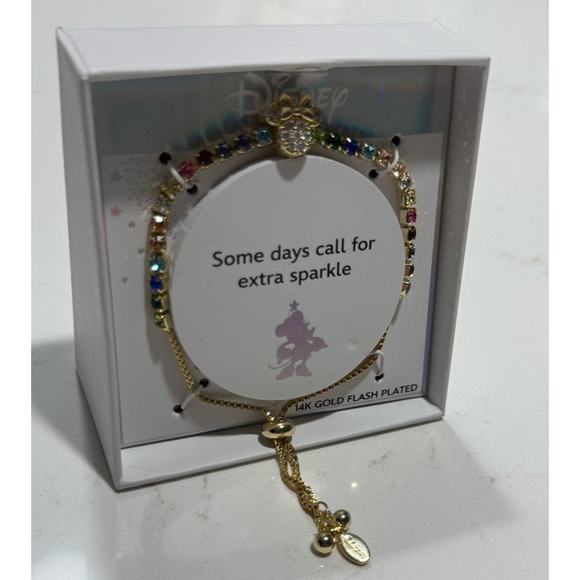 Disney Minnie Mouse Rainbow Crystal Bracelet – 14K Gold Flash Plated Adjustable - Picture 3 of 5